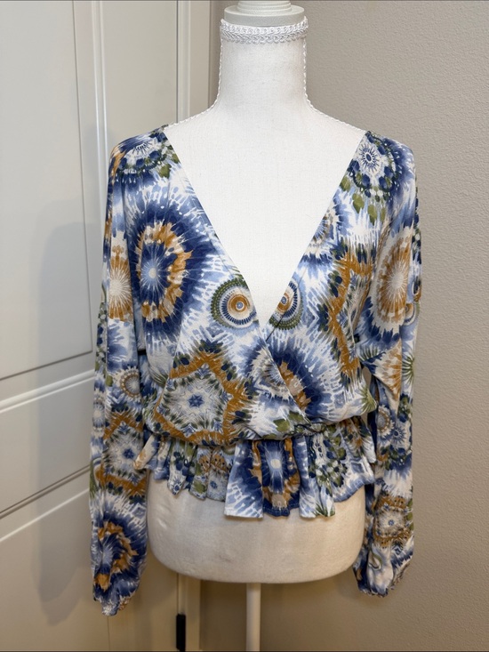 Tops - V-Neck Printed Peplum Blouse - Blue Multi